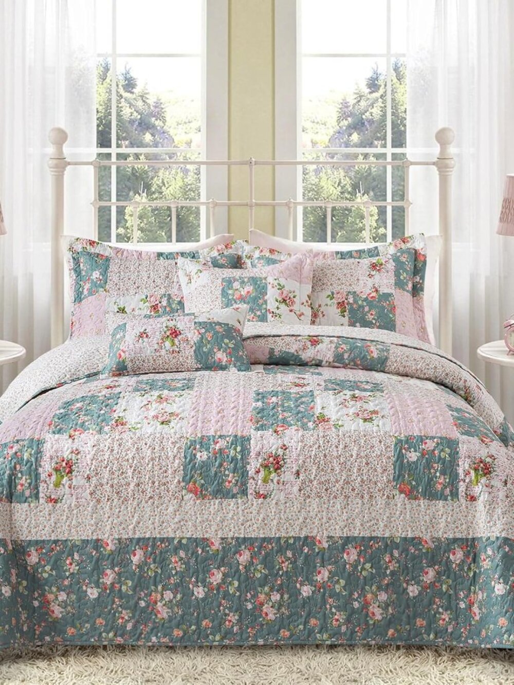 French Style Queen Size Quilt Set for Farmhouse - Cotton Filling